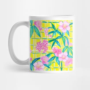 Preppy pink flowers and green leaves on yellow Mug